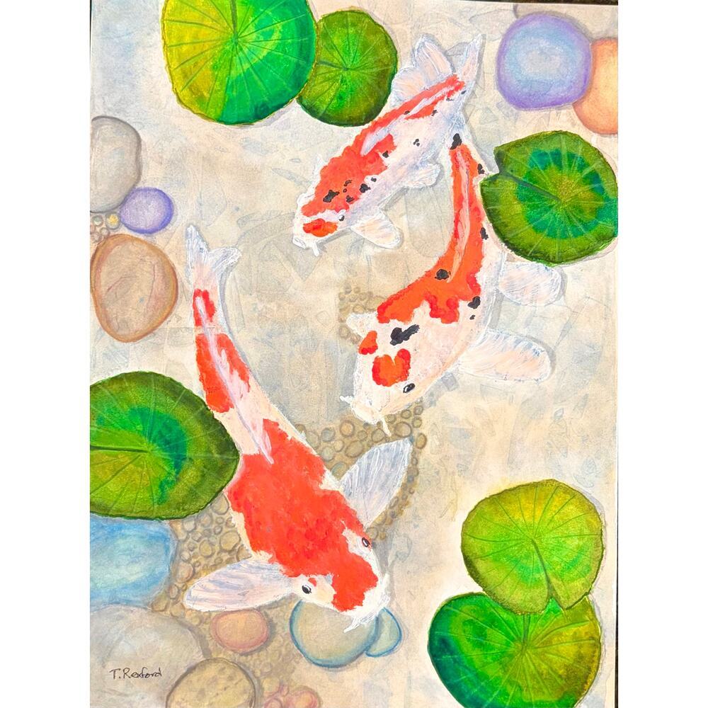 Hand painted watercolor and acrylic original painting koi goldfish lilycpads